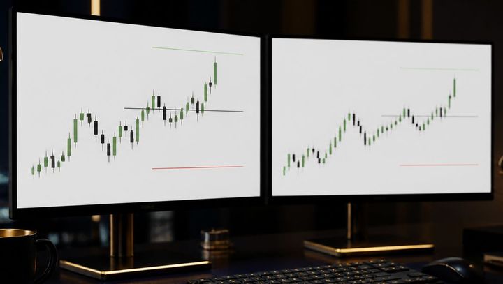 Two monitors showing white candlestick charts with entry, stop and target lines