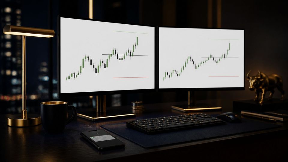 A dark trading desk with two monitors showing candlestick charts