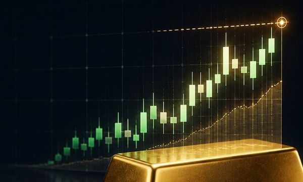 A rising candlestick chart above a gold bar